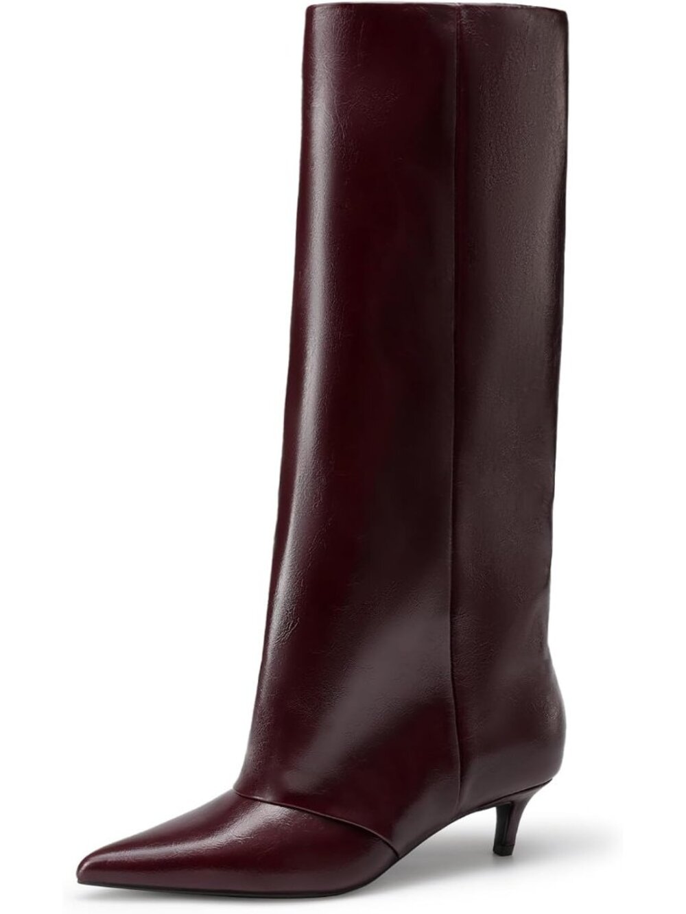 DREAM PAIRS Women Burgundy Fold Over Knee High Boots Pointed Toe Kitten Heels